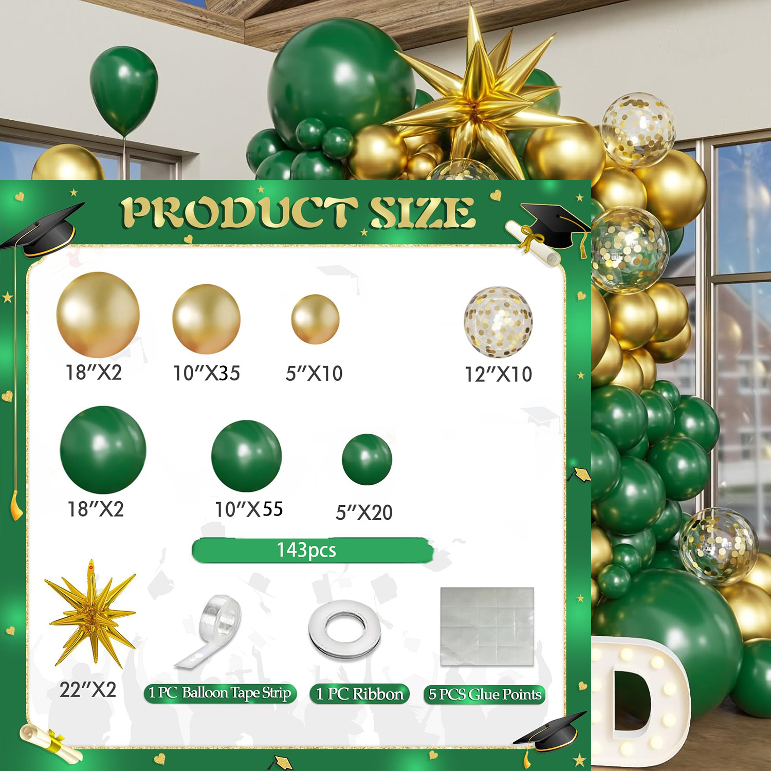 El juego de arco de globos de graduación incluye decoraciones de arco de globos azul, blanco y dorado, adecuadas para decoraciones de clase de 2025: Medio de Azure