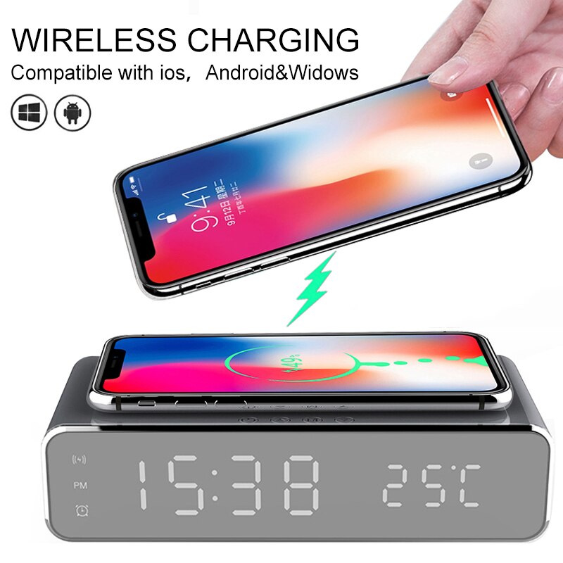 Multifunctional LED Electronic Alarm Clock Mobile Phone Wireless Charger Digital Thermometer Clock Mirror Alarm Clock
