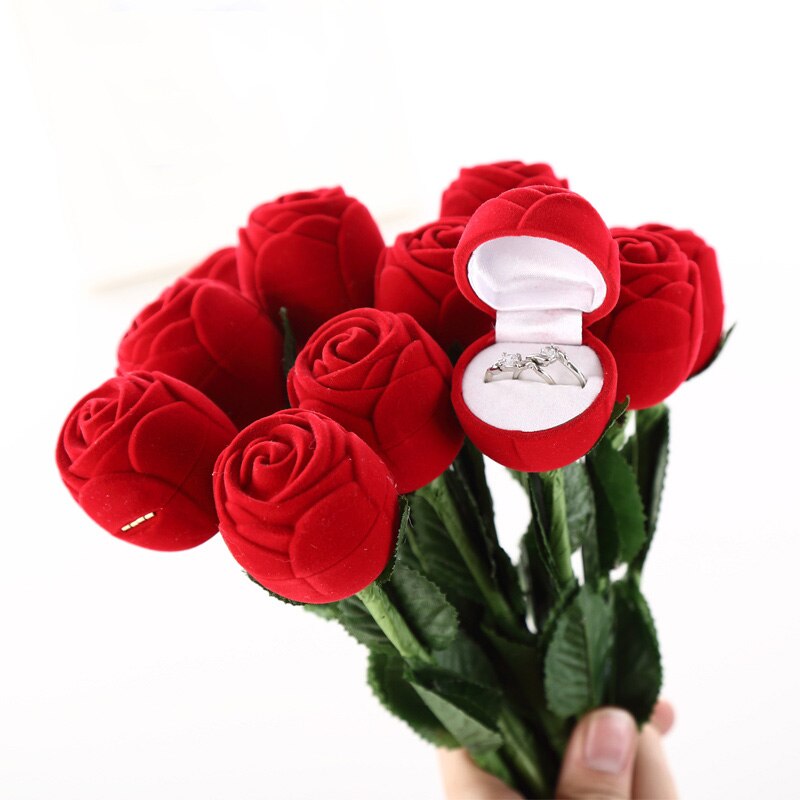 1 stk rød fløjl rose engagement bryllupskasse uden stilk opbevaringsetui passer til øreringe ring smykker bryllupskort kasser