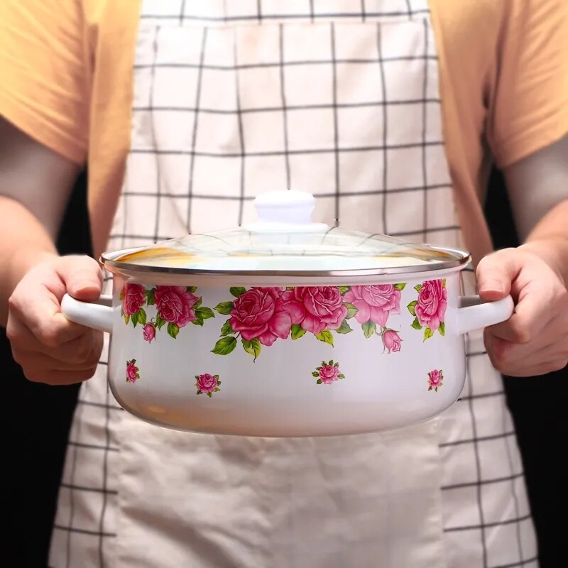Enamel Enamel Soup Pot Noodle Pot Pot Binaural Induction Cooker Flat-bottom Gas Household Stewing Soup Thickening Retro Old