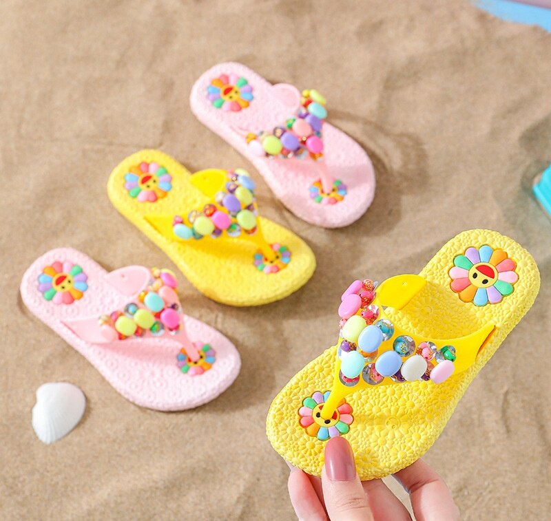 Girls Floral Flip Flops Summer Baby Cartoon Sandals Princess Flip-flops Children's Beach Shoes Colorful Beads Sandals