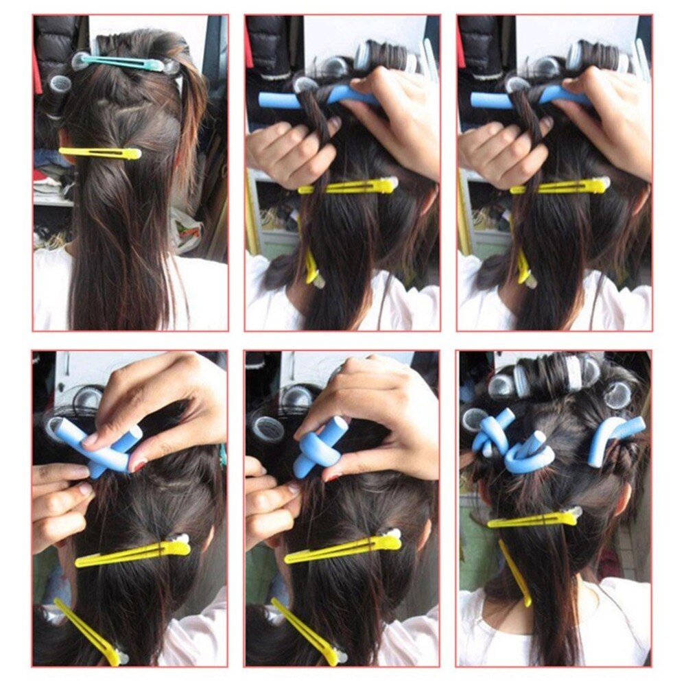 A collection of soft foam bendy curlers and haircutting shears used in the krullen snit technique