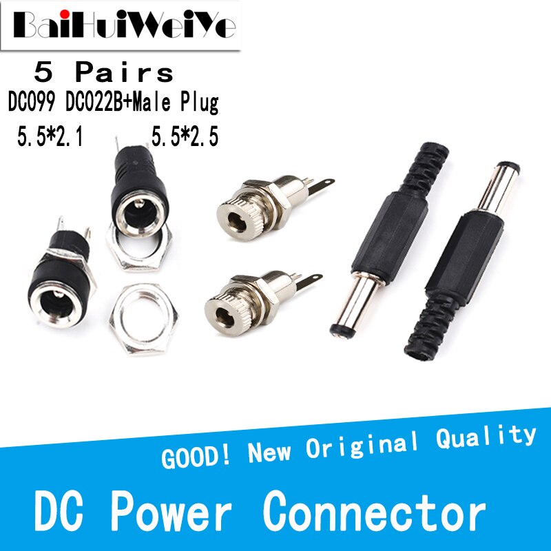 10Pcs 5 Paar Power Connector Pin 2.1X5.5 2.5X5.5 Vrouwelijke Plug Jack + Stekker Jack socket Adapter DC099 DC022B DC-005