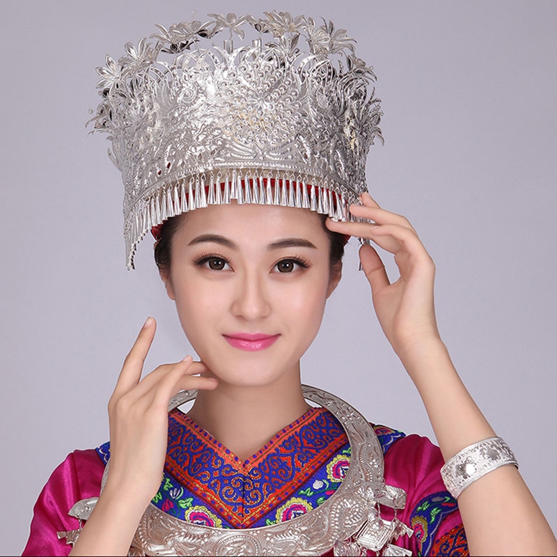 Chapeaux de danse chinois Miao, coiffe en argent, accessoires de spectacle sur scène en majorité, tête vintage