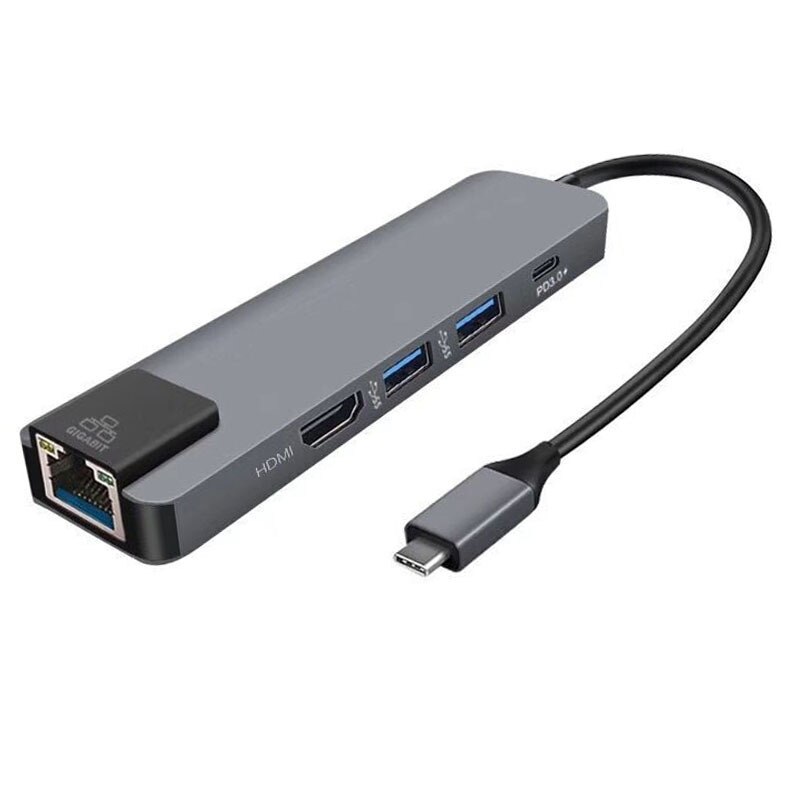 Konwerter typu c na Port gigabit ethernet + koncentrator + hdmi 4k + pd 5- w -1 robić wyświetlania obrazu z projektora tv na komputerze: Szary