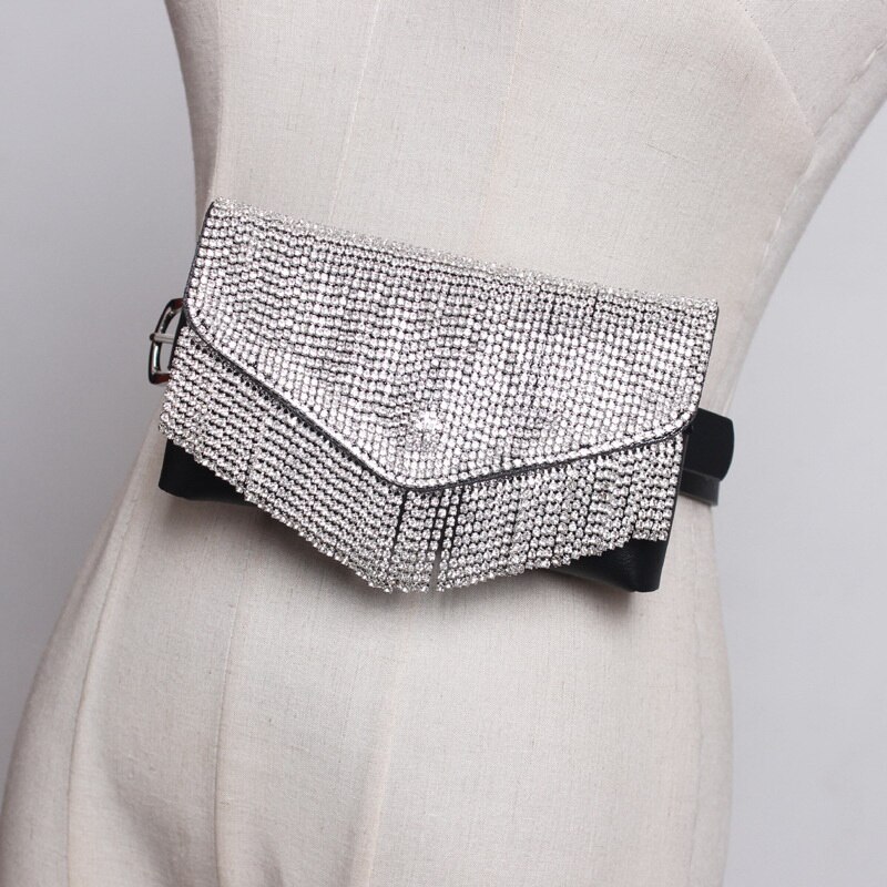 Mododiino Woman Waist Bag Tassel Belt Bags Fanny Pack Brand Belt Packs Handy Bling Rhinestone Phone Envelope Bag DNV0883