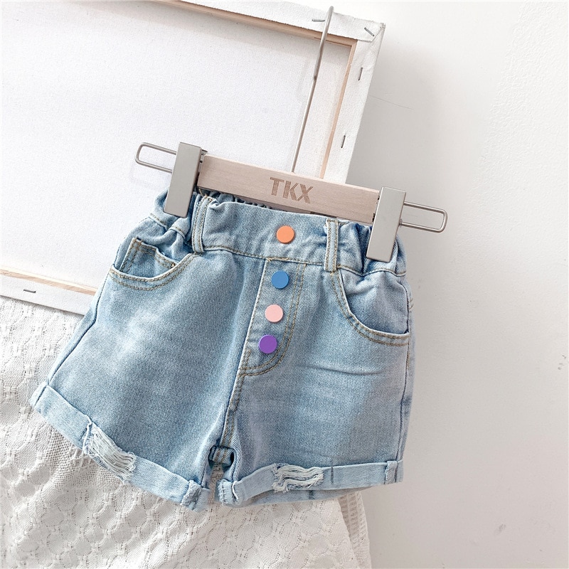 Flicka sommar jeans med färgglada knappar barn barn shorts: 2t