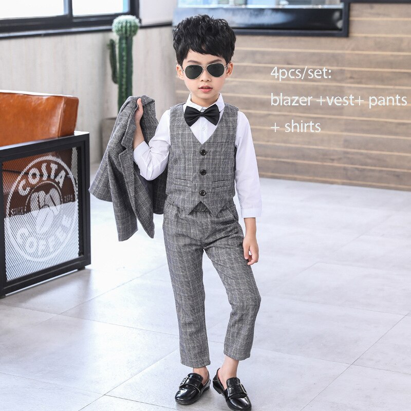 Formal Boy Plaid Gray Suit Set Children's Wedding Party Performance Costume Kids Tuxedo Vest Shirts Pants Clothing Set: 4pcs / 10T