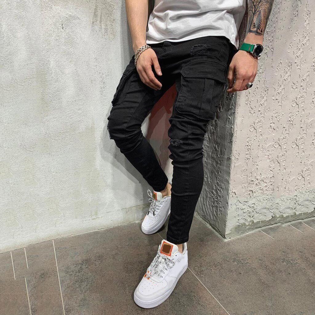 Men Jeans Black Cool Skinny Knee Hole Ripped Stretch Slim Elastic Denim Pants Casual Trousers Street Clothing#g36