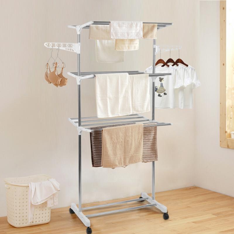 Stainless Steel Clothing Storage Racks Clothes Drying Folding Suspension Wing Adjustable Wardrobe Laundry Drying Rack 3 Tier HWC