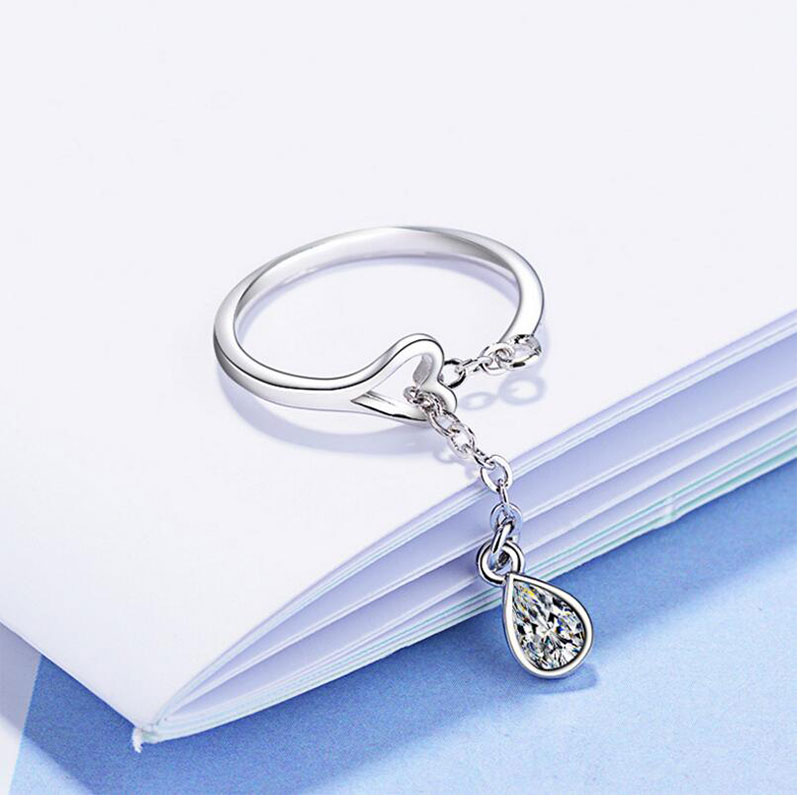 925 Sterling Silver Trendy Silver Color Love Heart Rings With Water Pendant For Women Party Jewelry S-R234