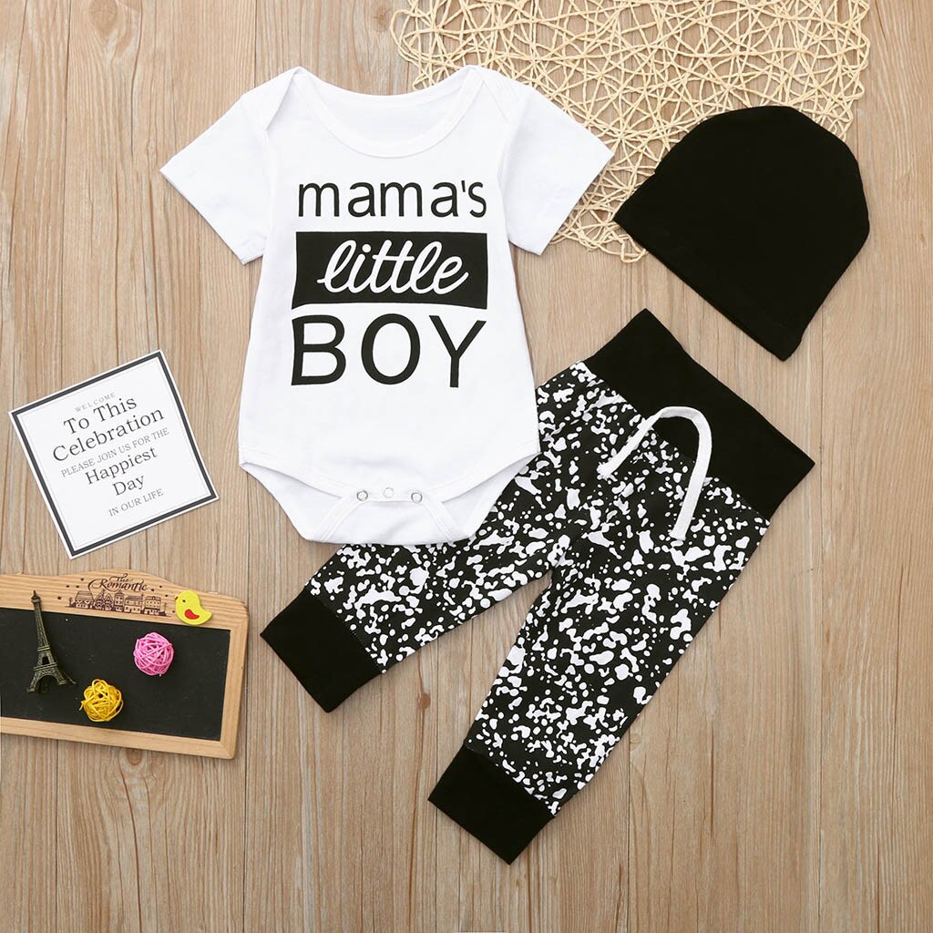 Mama's Born Baby Boy Clothes Newborn Kid Baby Boy 3pcs Clothes Set Letter Romper Bodysuit Pants Hat Outfits ملابس أطفال