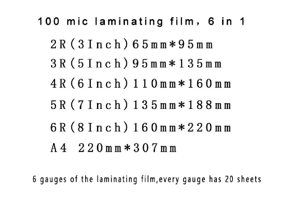 Película de laminación térmica PET + EVA para plastificadora, rollo de plastificadora de plástico, 6 tamaños (3 &quot;5&quot; 6 &quot;7&quot; 8 &quot;A4), 120 Uds.