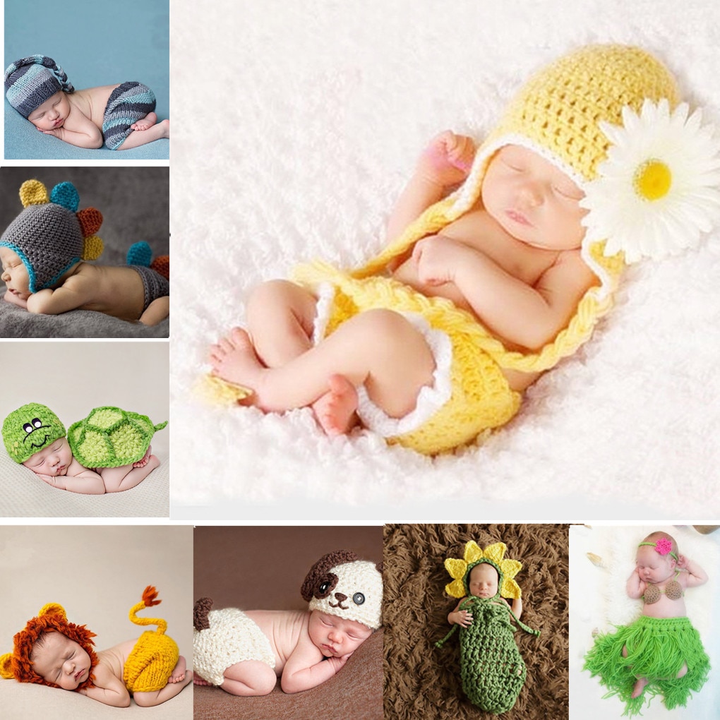 Handgemaakte baby dieren stijl foto prop outfit kleding wol breien haak fotografie hoed stoffen set