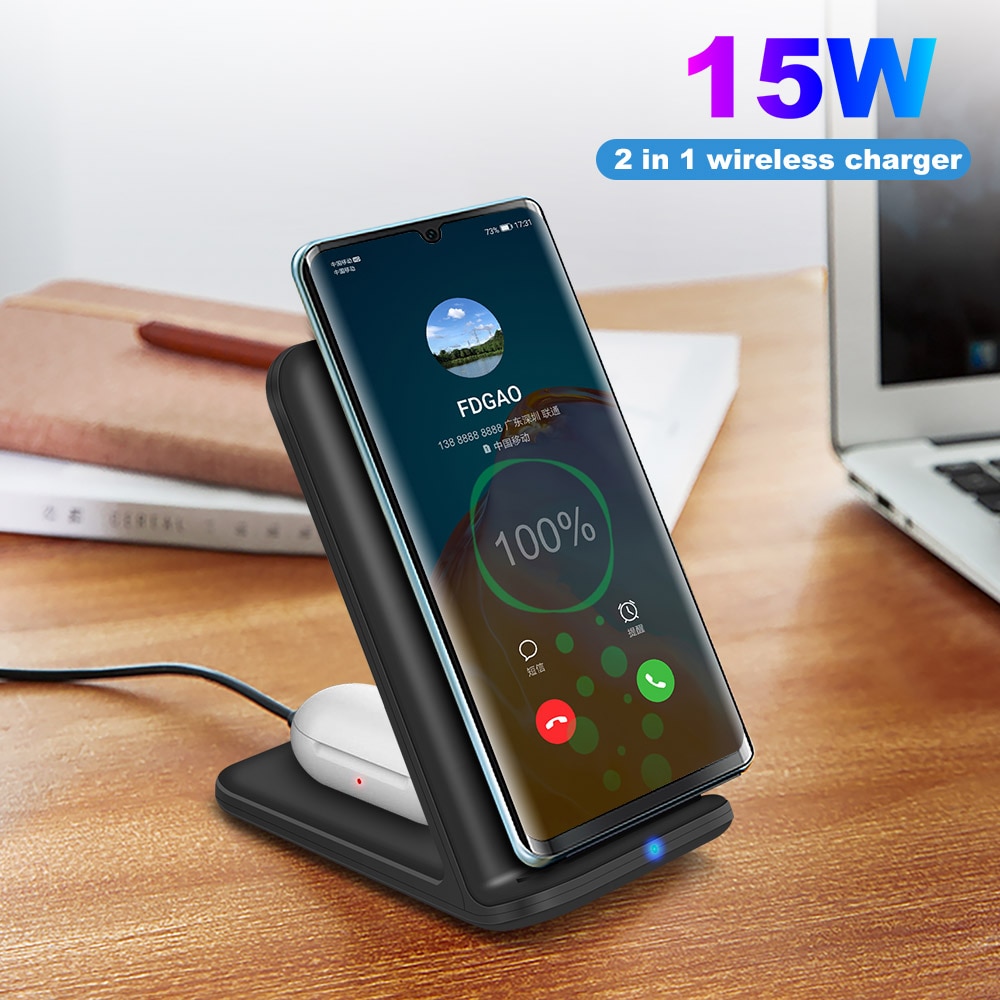 Qi Wireless Charger 2 in 1 Charging Dock for iPhone 13 12 11 XS XR X 8 AirPods Pro 15W Fast Charge Stand for Samsung S21 S20 S10