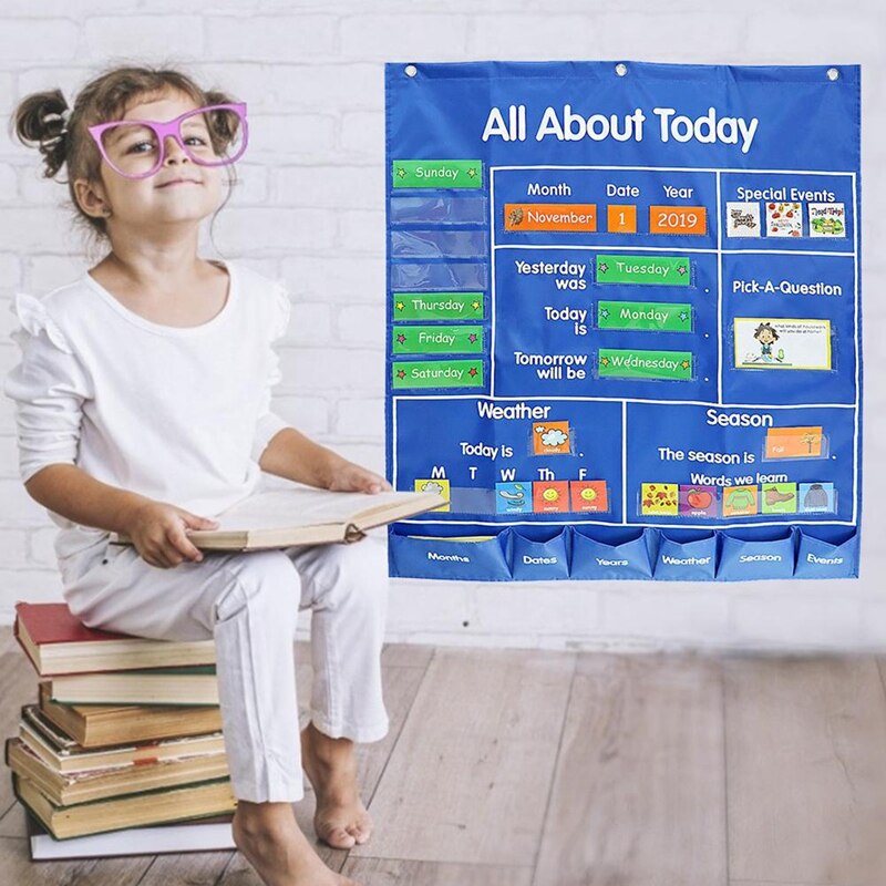 Kids All About Today Pocket Chart Daily Classroom Calendar Board Hanging Bag Child Educational Learning Pocket Chart