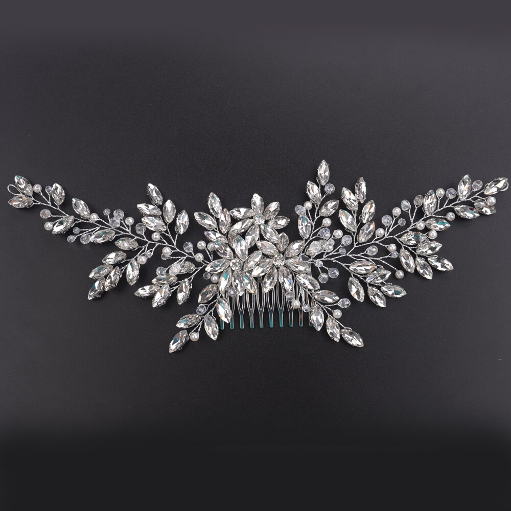 Peine grande para el pelo de novia, accesorio Vintage de plata con diamantes de imitación, perlas brillantes y cristales, tocado, pieza de cabello nupcial, boda: Plata