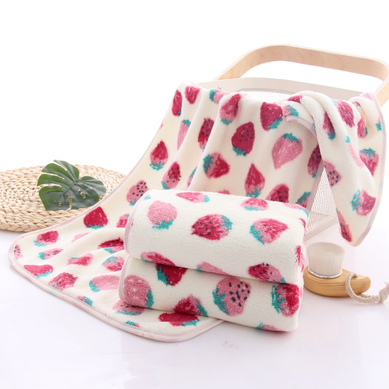 Velvet Towel Strawberry Printed Cute Terry Bath Towel for Adults Kids Girls 35*75cm Face Hair Shower Towels Soft Absorbent Towel