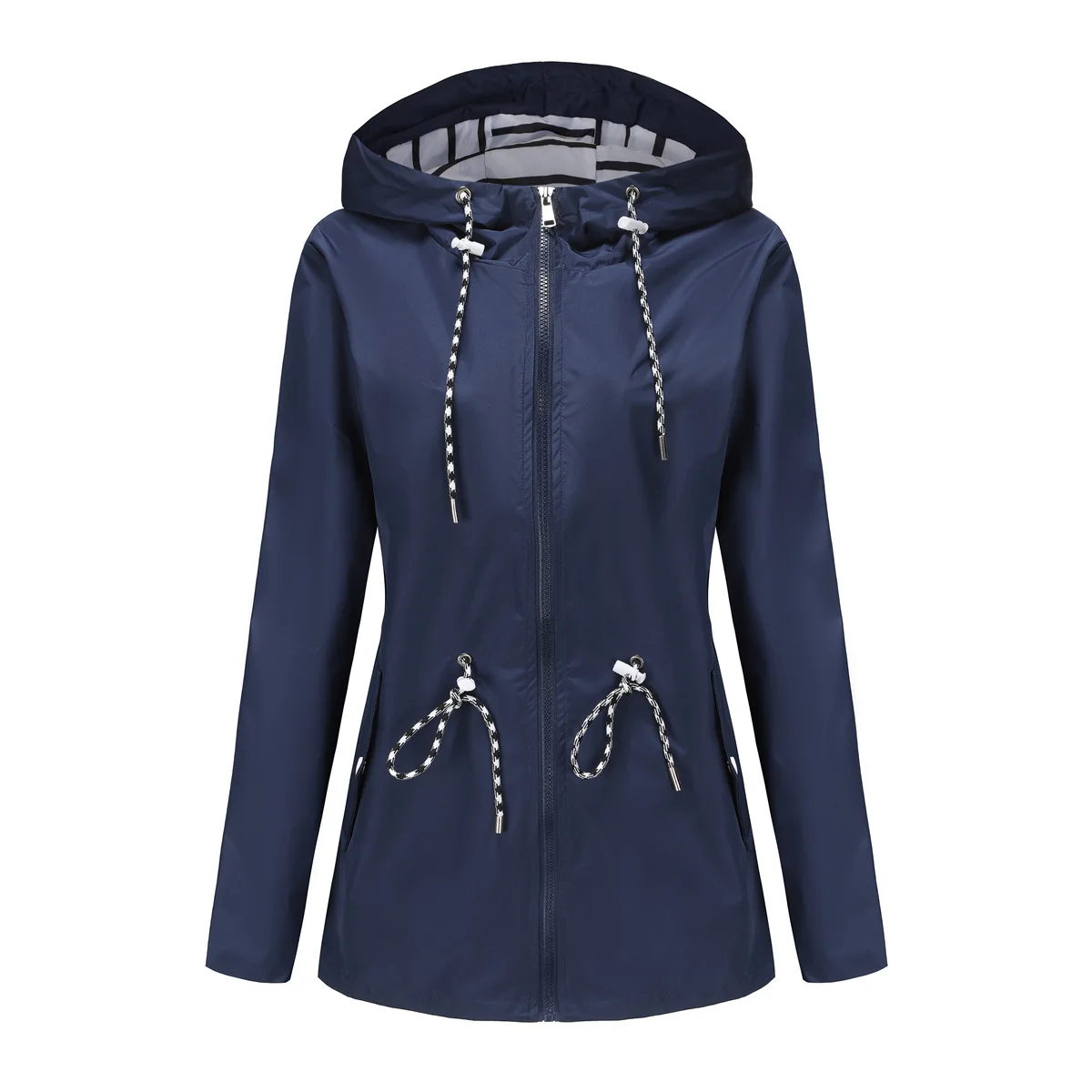 Blue Waterproof Hooded Jacket Women Casual Coat Waist Drawstring Tie Zipper Switch Red Green Yellow Black Windbreaker: S / Blue