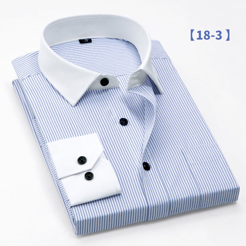 Mens Contrast Collar and Cuff Shirts Long Sleeve Striped Business Formal Shirts Men Dress Shirt Slim Fit White Collar: 18-3 / M