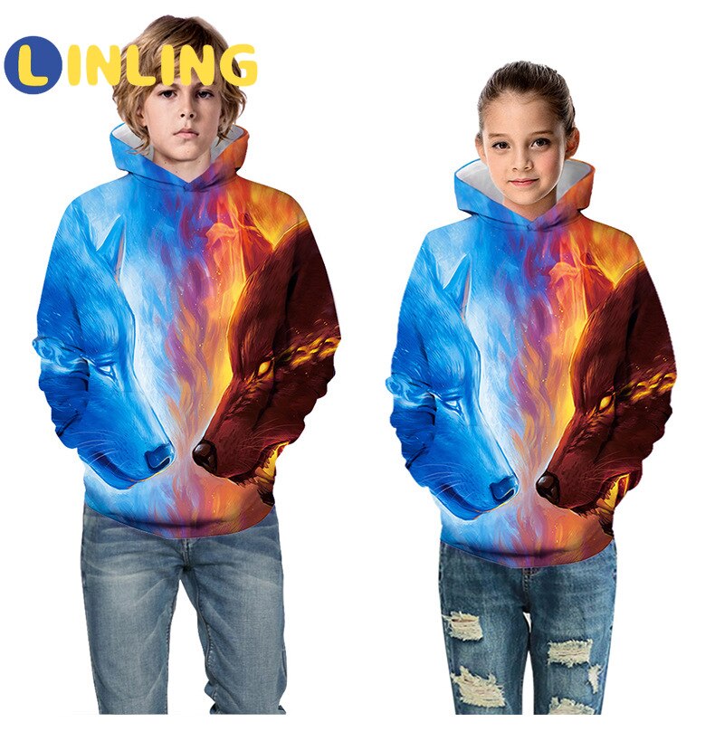 Linling lente- en herfsthoodies voor jongens 3d digitaal bedrukte wolf casual kinderjas polyester jongensjas kinderkleding  p527