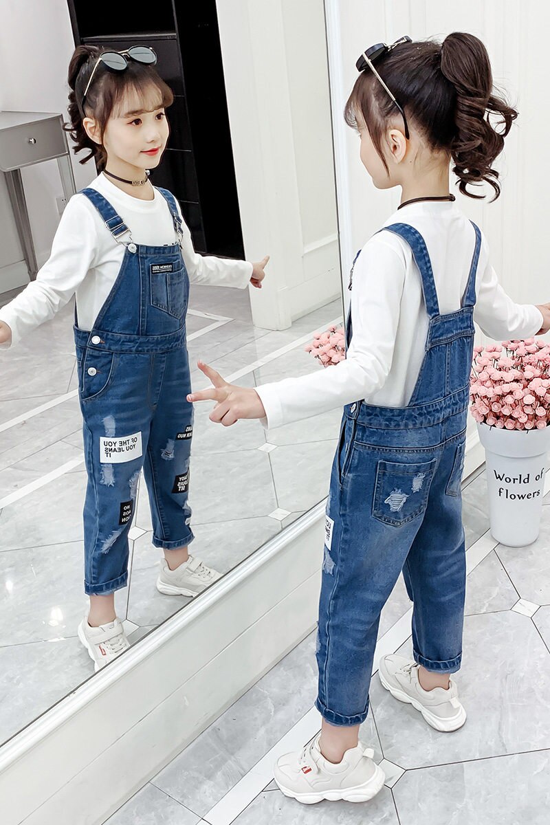Børne ripped jeans overalls til pige denim bukser børn jeans jumpsuit teenager efterårstøj alder 4 5 7 9 11 13 år
