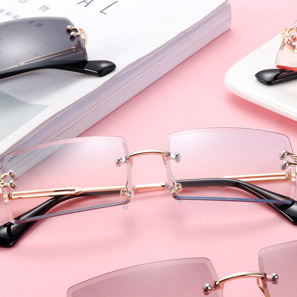 modisch Randlose Sonnenbrille Frauen Kleine Rechteck Sonnenbrille Reisen Stil UV400 Schattierungen Sommer Brillen für Männer und Frauen