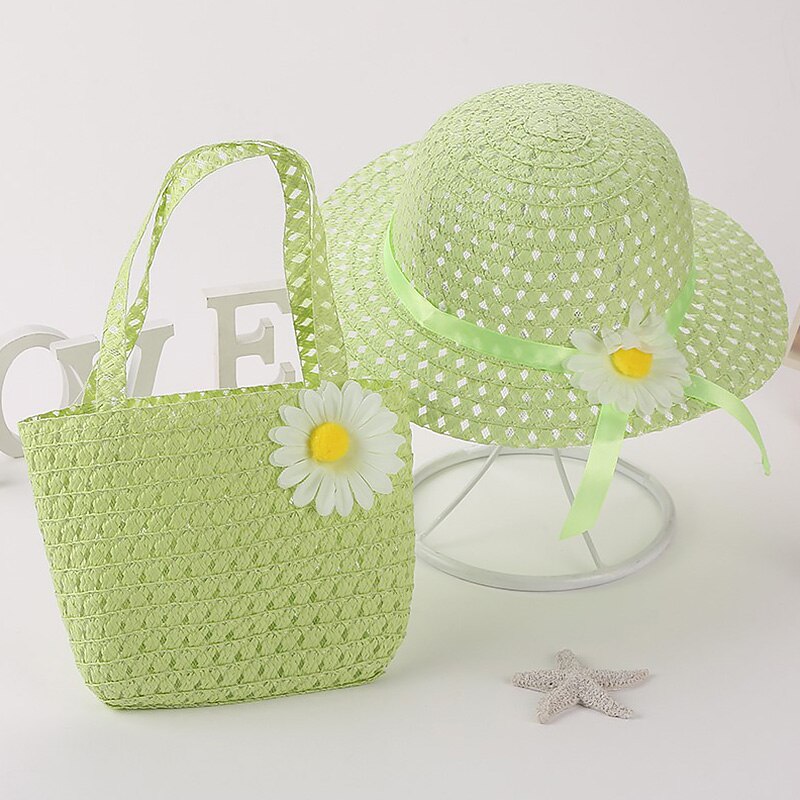 Straw Hat Summer Children Sun Flower Solid Color Lace Sun Hat Kids Sweet Bonnets Girl Beach Travel Hat Cap With Woven Basket