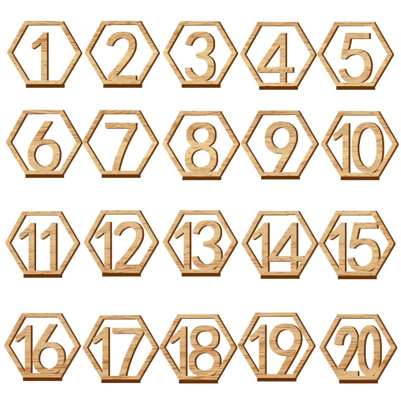 20 Pcs 1-20 Houten Bruiloft Tafel Nummers Met Houder Base Hexagon Tafel Nummers H4GD