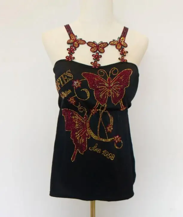 butterfly Women Camis Sexy Femme Padded Camisole Lady Rhainstones Gemstones Tanks Padded Tank Tops: M / Cyan