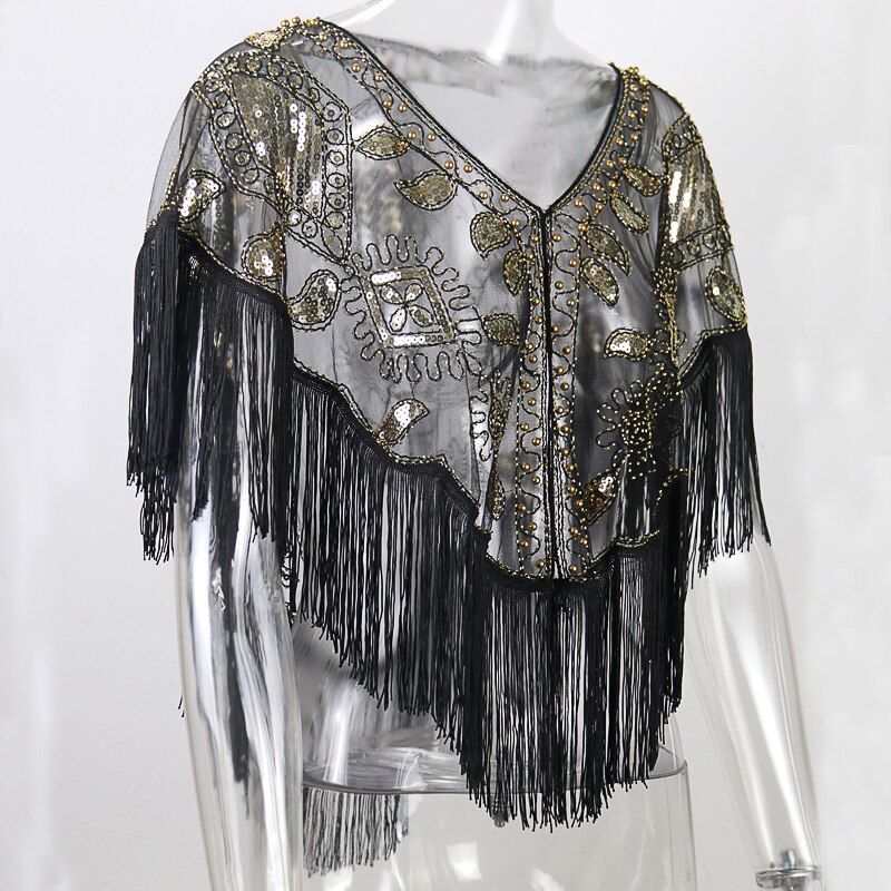 Vrouwen 1920 S Lovertjes Sjaal Met Kwastjes Kralen Parel Fringe Sheer Mesh Wraps Gatsby Flapper Bolero Cape Cover Up: black gold