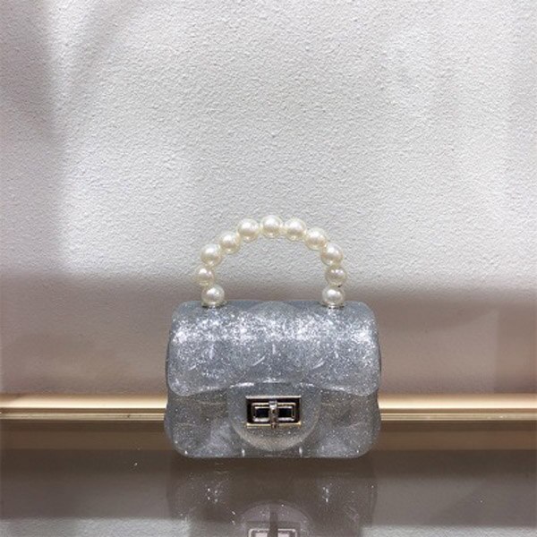 Mini bolso de gelatina con hebilla de perla para mujer, bolsa de Color sólido, portátil, a la , para verano,: silver