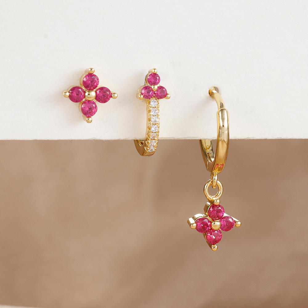 Conjunto de pendientes de aro pequeños con flores de acero inoxidable para mujer, aretes de joyería para Piercing de cartílago Huggie chapados en oro de 18 quilates, 3 uds.: Bañado en rodio de imitación