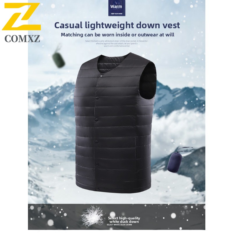 Winter Men's Sports Vest White Duck Down Lightweight Portable Waterproof Windproof Sleeveless Jacket for Hiking Camping Fishing