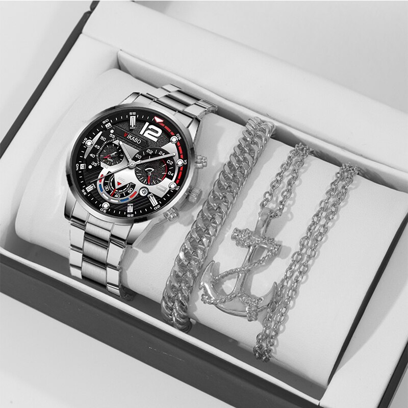 3PCS Set Mode Heren Zakelijke Horloges Mannelijke Casual Rvs Quartz Horloge Mannen Gouden Ketting Armband Polshorloge: Rose