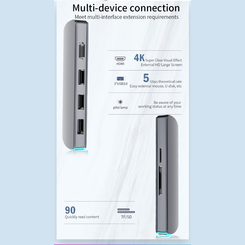 Adaptateur Hub 6 en 1 de Type C à 4K HDMI, convertisseur de lecteur de carte numérique sécurisé TF