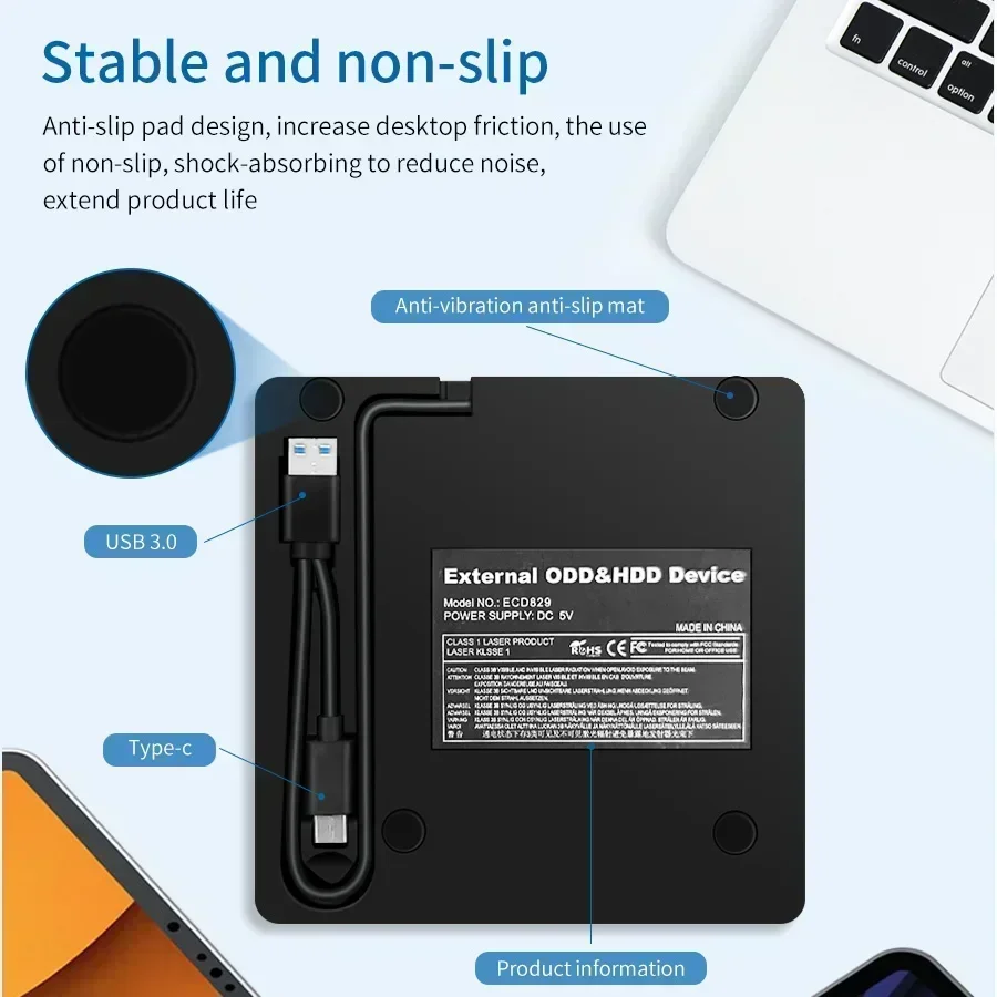 External DVD RW Drive 2 in 1 Interface USB 3.0 Type-C Slim DVD CD Writer Burner Reader Player Optical For Laptops Desktop PCs