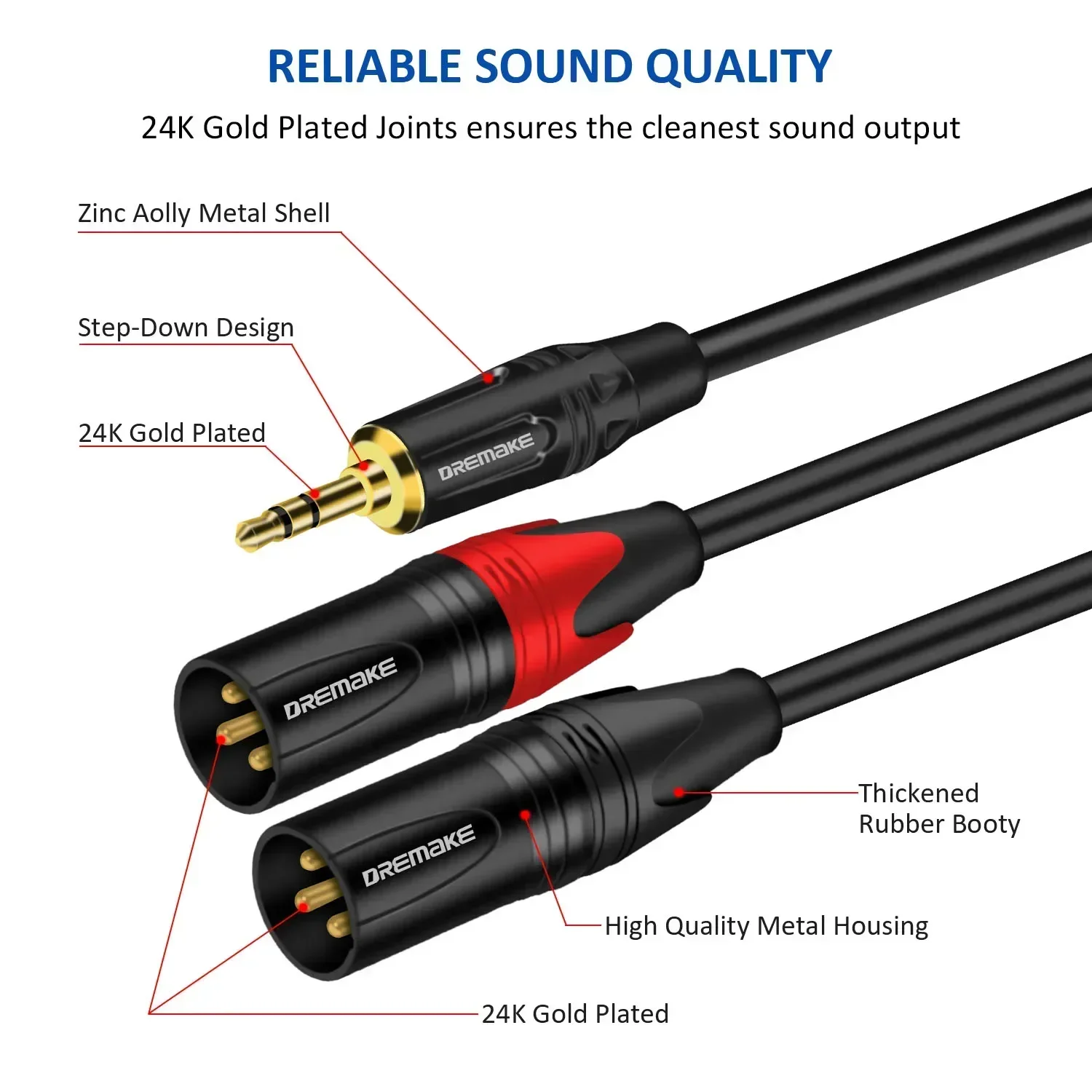 DREMAKE Jack 3,5 mm TRS Stereo do podwójnego XLR męskiego Patch Cord 3,5 mm 1/8 cala do podwójnego XLR męskiego Adapter Breakout Y Splitter Cable