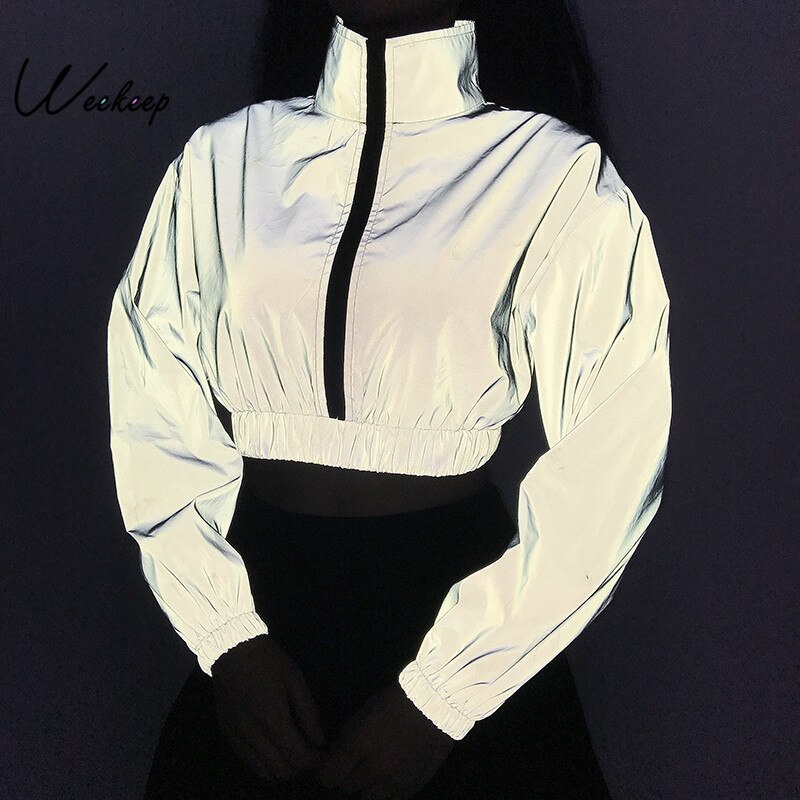 Weekeep streetwewar cropped reflekterende jakke kvinder løs pullover lynlås turn down krave jakker elastisk talje bomber jakke