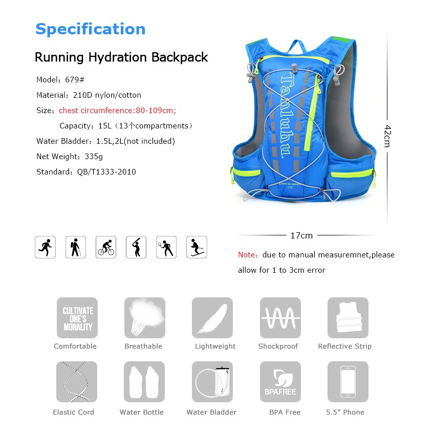 15L Drinkrugzak Rugzak Rugzak Tas Vest Harnas Fietsen Wandelen Camping Running Marathon Race Sport Voor 2L Waterzak