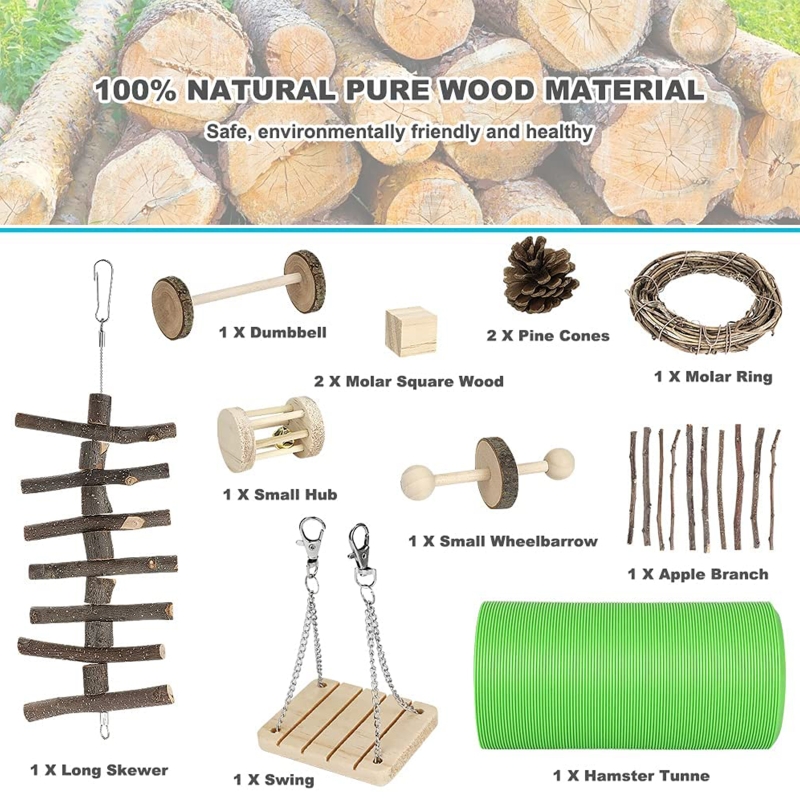 Hamac balançoire en bois, jouets à mâcher en forme de lapin, tubes à brindilles, blocs Wooen pour petits animaux de compagnie, soins dentaires, 12 pièces