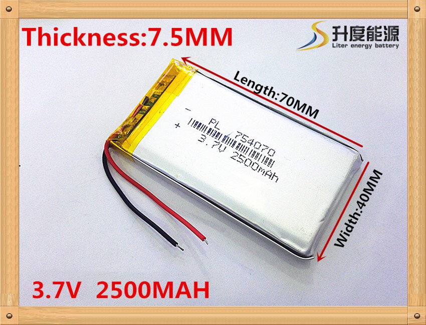 Li-po 1 stks/partij Dual knappe 3.7 V lithium polymeer batterij 754070 2500 mah MP3 MP4 MP5 klein speelgoed