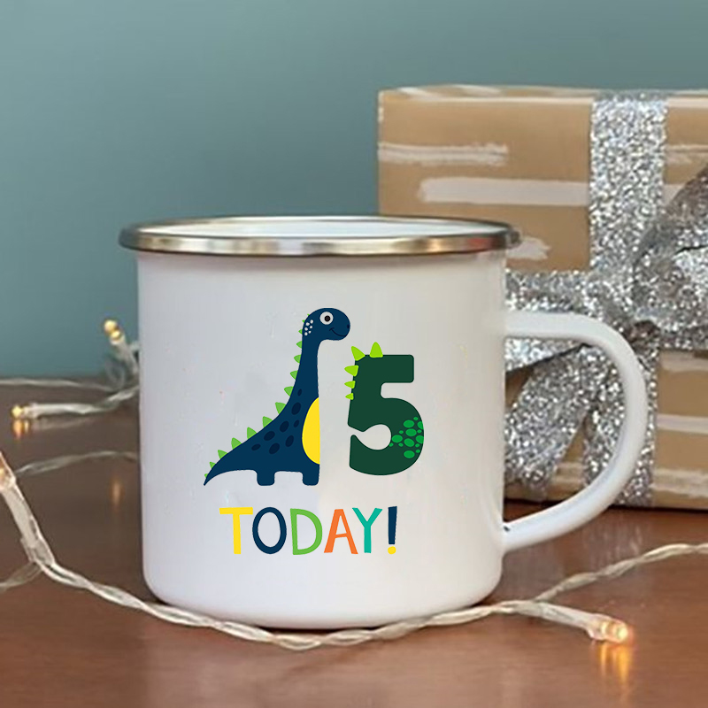 Dinosaurier Geburtstag Anzahl Drucken Becher Kreative Wasser Saft Tasse Trinken Nachtisch Milch Emaille Becher Griff Getränk freundlicher Geburtstag: XH1797-A015WH-8