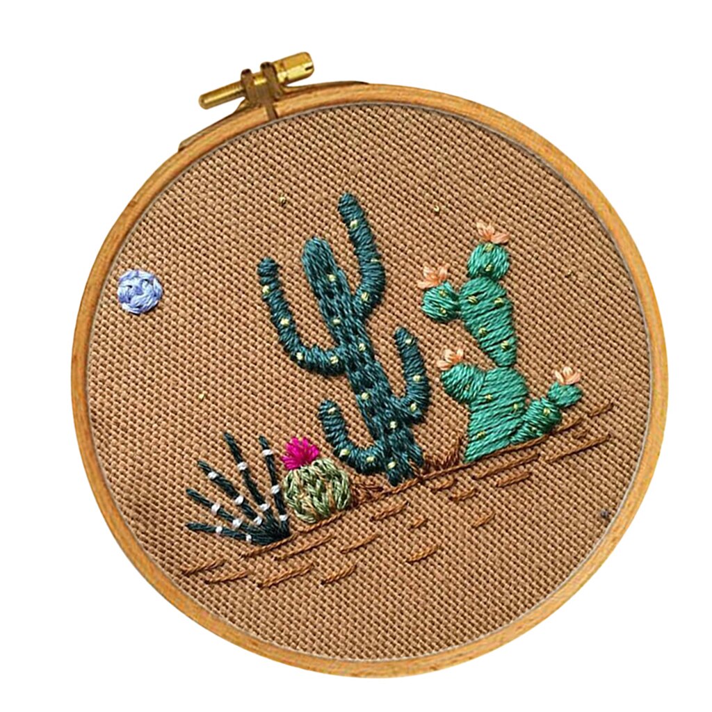 Full Range of Embroidery Starter Kits Cactus Pattern Including Embroidery Cloth, Threads, Needles and Hoop for Beginners