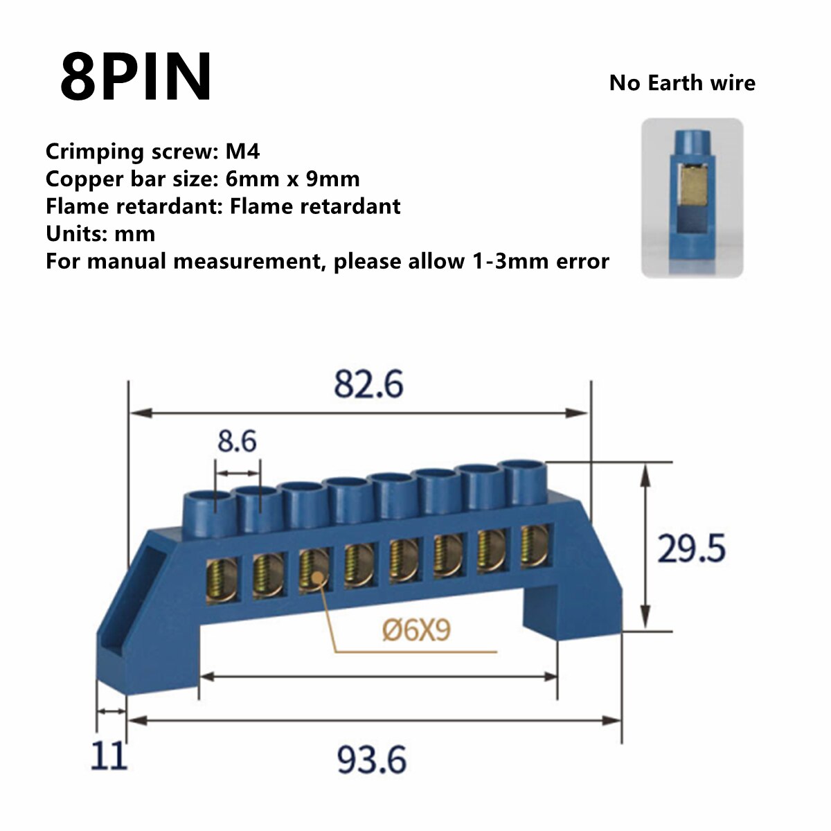 Blue White Green Zero Line 4Pin 6Pin 8Pin 10PiN 12PiN Brass Screw Grounding Bridge Terminal Block Connector Earth And Neutral: Blue 8 Pin