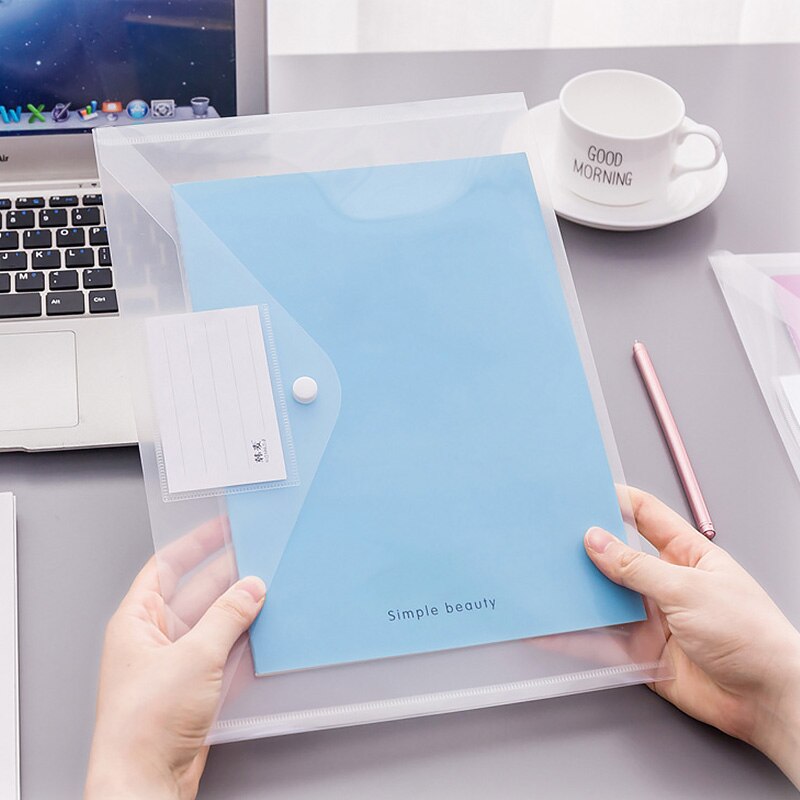 A4 gennemsigtig mappe knap filpose stor kapacitet plast dokumentpose kontor fil skole test papir opbevaringspose