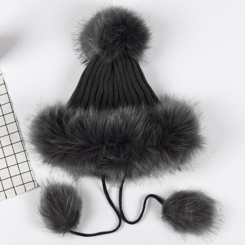 HT2105 Big Fur Pompom Ball Winter Hats for Women Russian Ushanka Hat Thick Warm Fur Hat Earflap Ski Cap Women Knitted Hat: Dark Grey