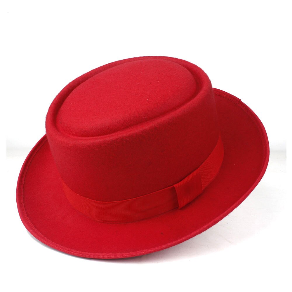 Unisex Men Women Pork Pie Hat with Red Ribbon Pop Jazz Hat Wool Flat Fedora Hat Size 58CM: Red