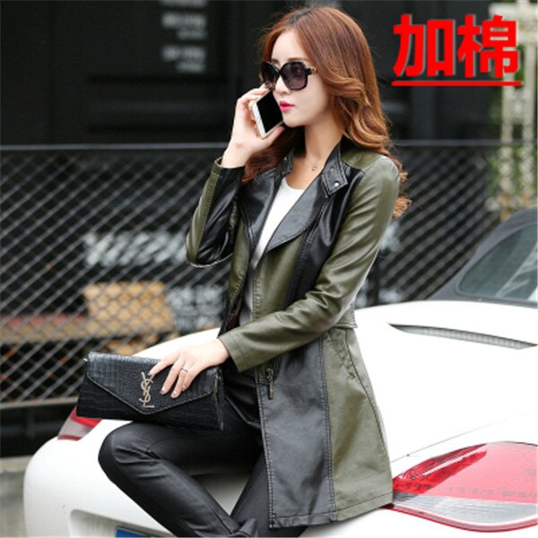 Chaqueta de abrigo de cuero de talla grande M-5XL de de otoño para mujer Chaqueta larga de retazos de PU de para motocicleta W1430: Green plus cotton / XXL
