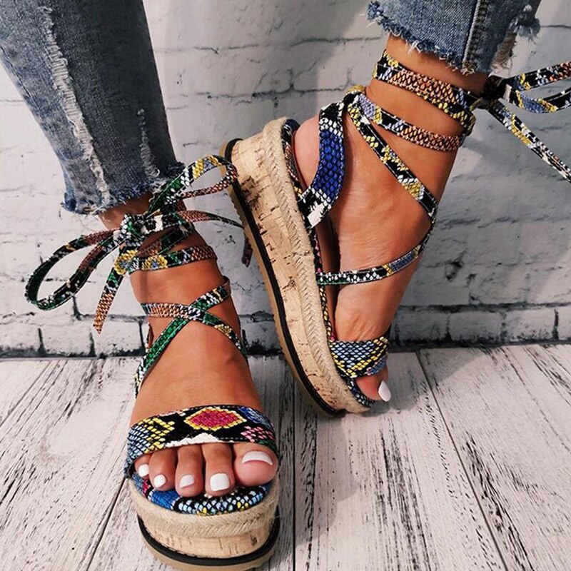 Zomer Vrouwen Snake Sandalen Platform Hakken Cross Strap Enkel Lace Peep Toe Beach Party Dames Schoenen Zapatos De mujer